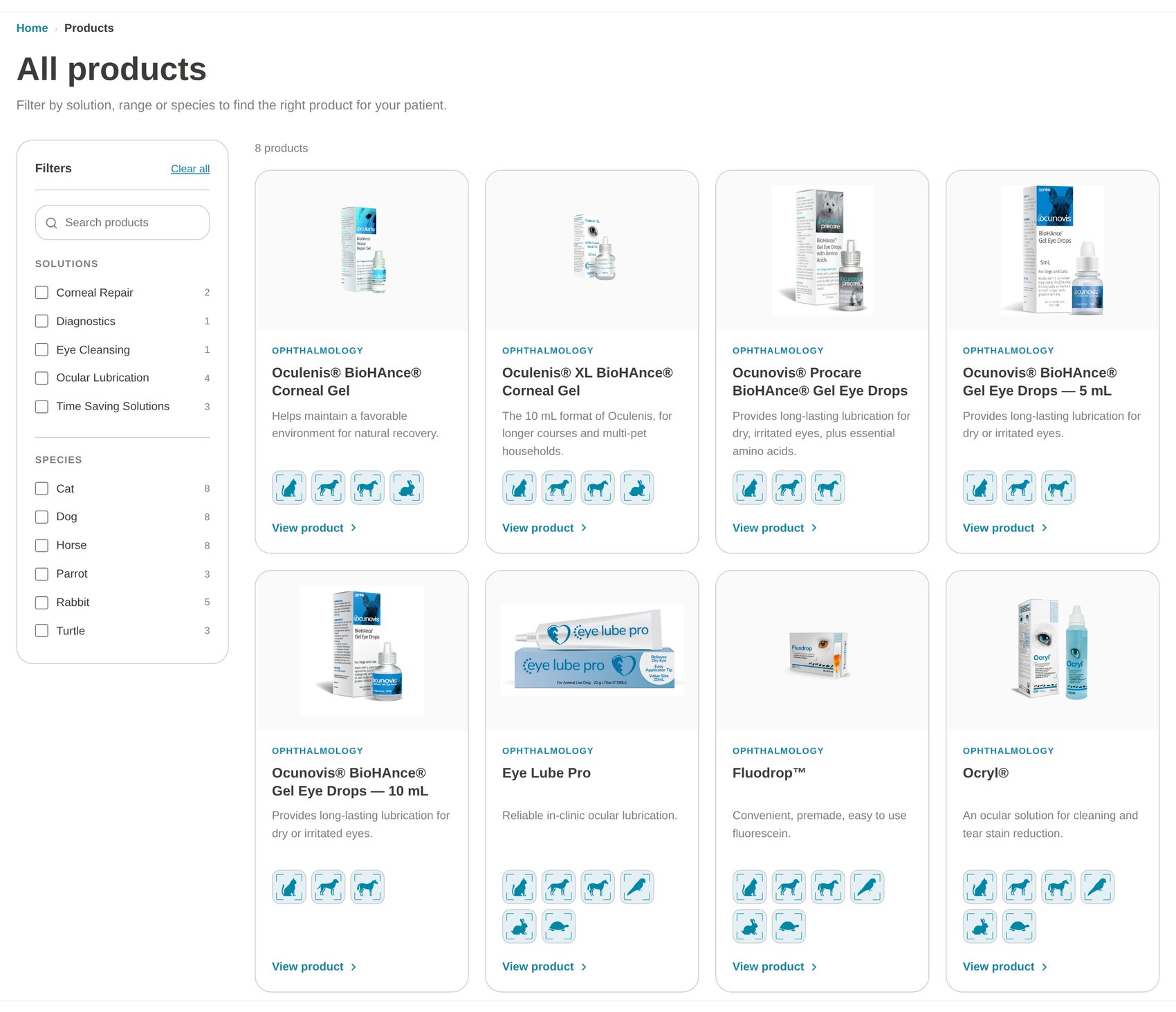 The Products page with facets on the left