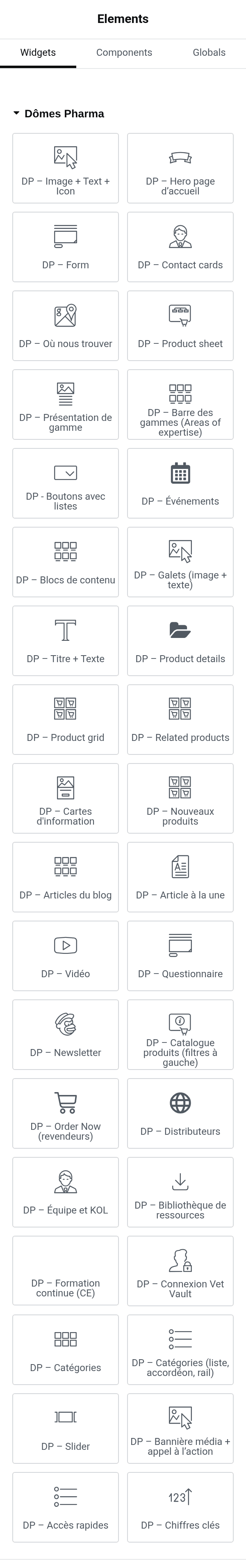 The Dômes Pharma category in the Elementor widget panel