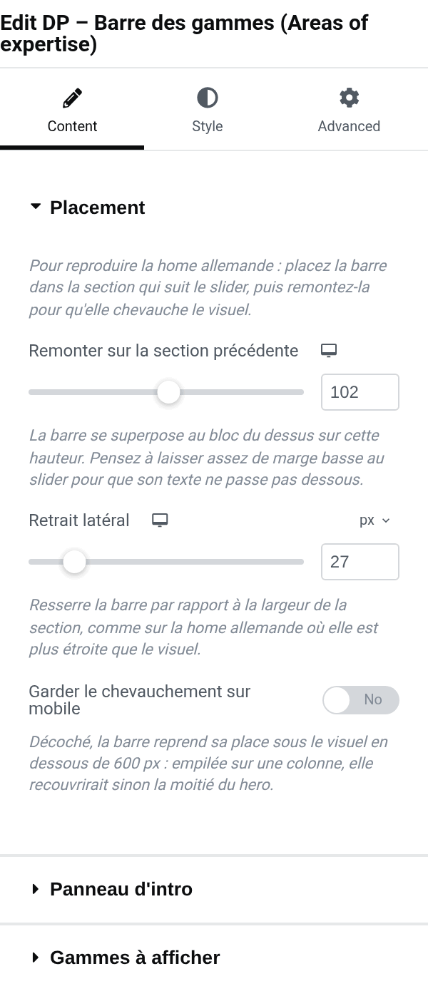 Settings panel of the dp_areas_bar block