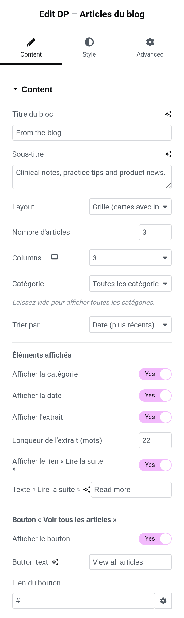 Settings panel of the dp_blog_posts block