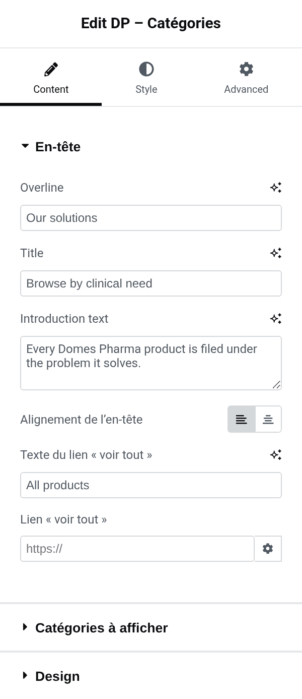 Categories settings panel