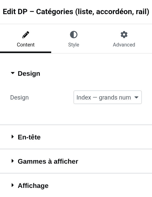 Settings panel of the dp_category_list block