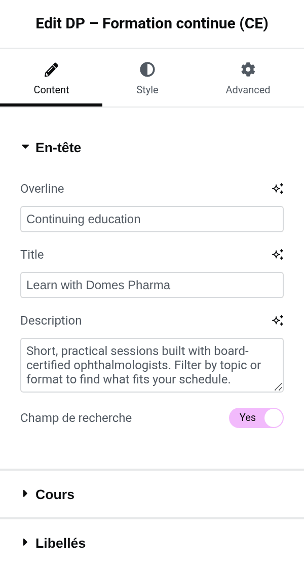 Settings panel of the dp_ce_courses block