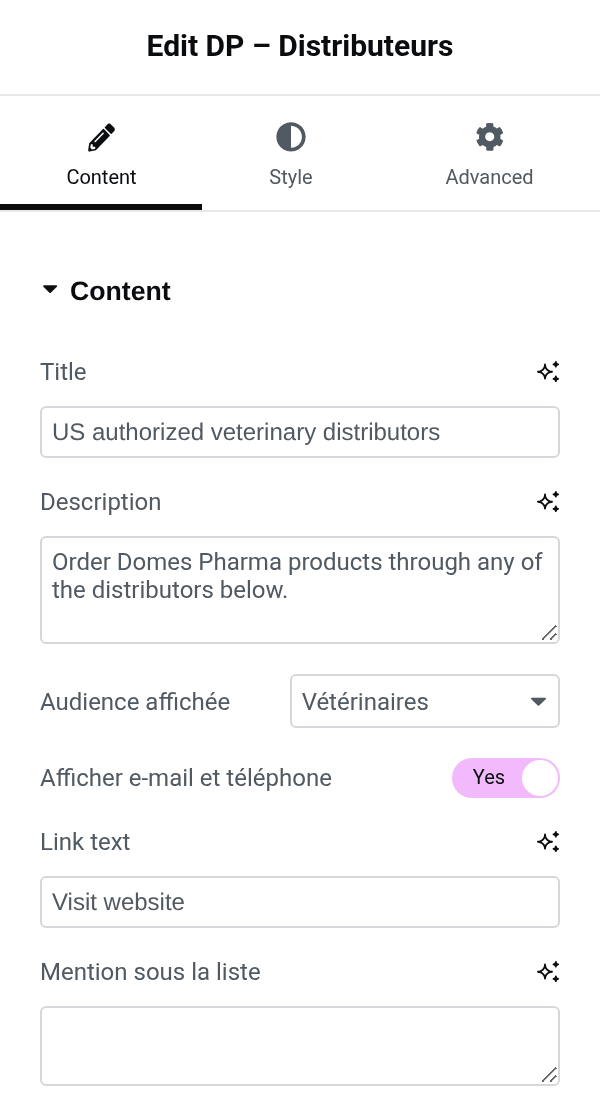 Settings panel of the dp_distributors block