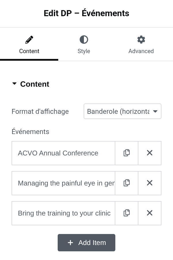 Settings panel of the dp_events block