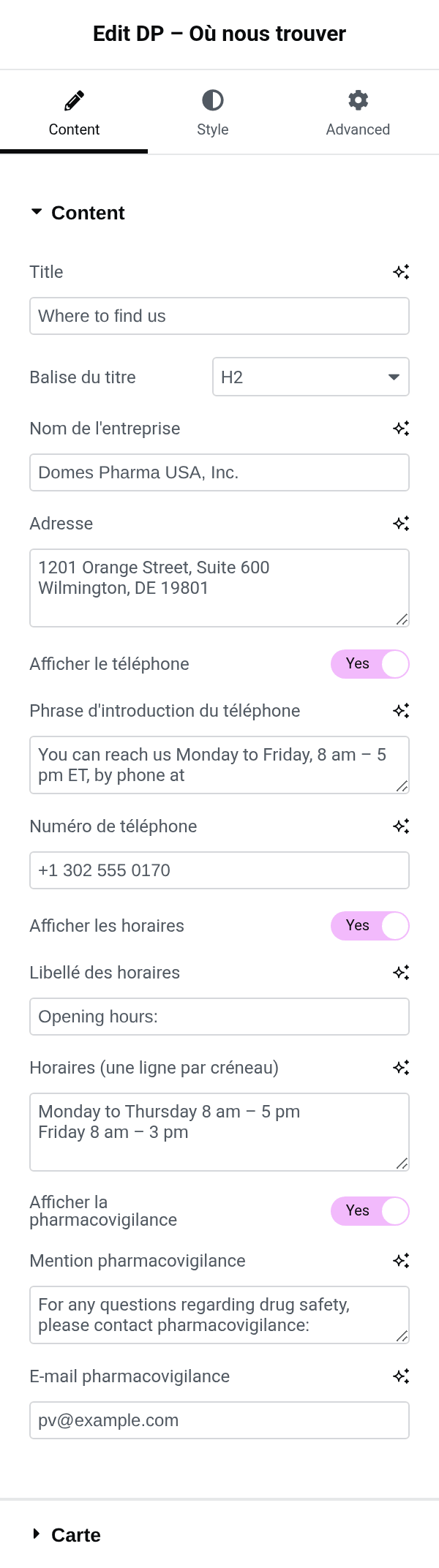 Settings panel of the dp_find_us block