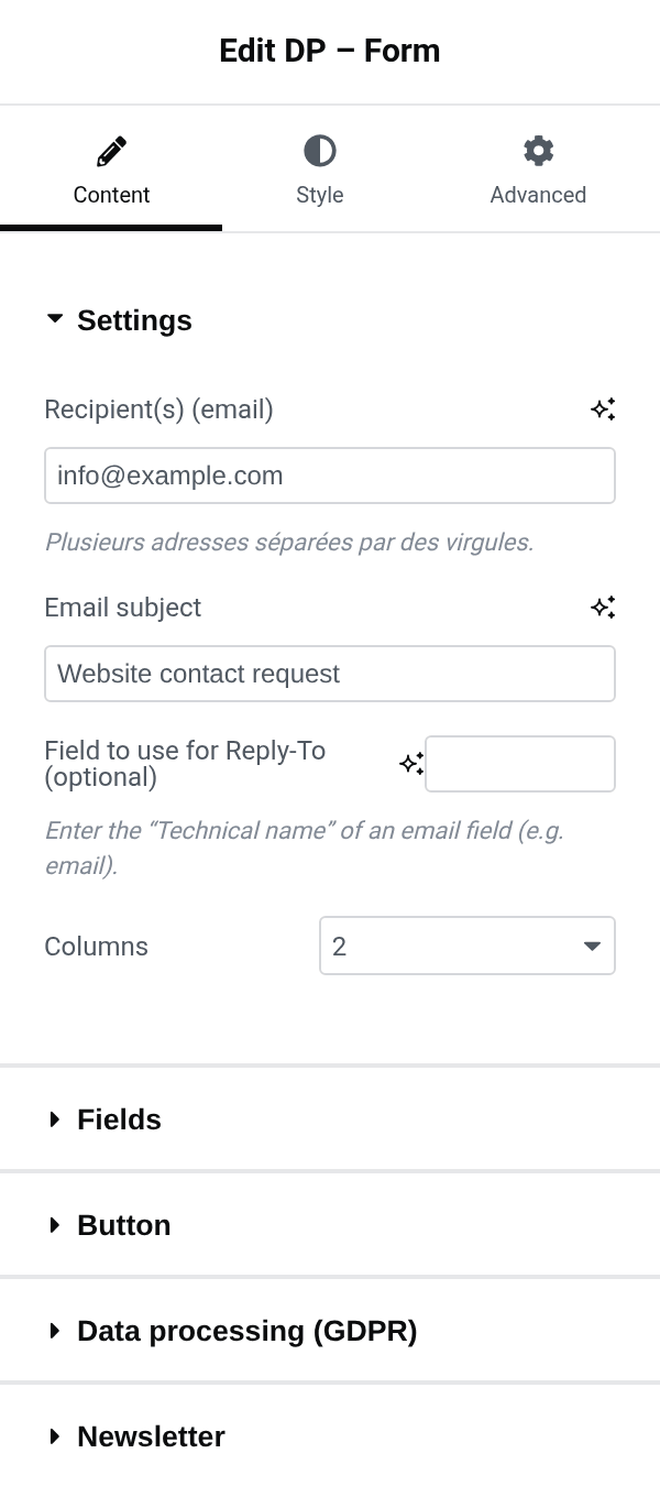 Settings panel of the dp_form block