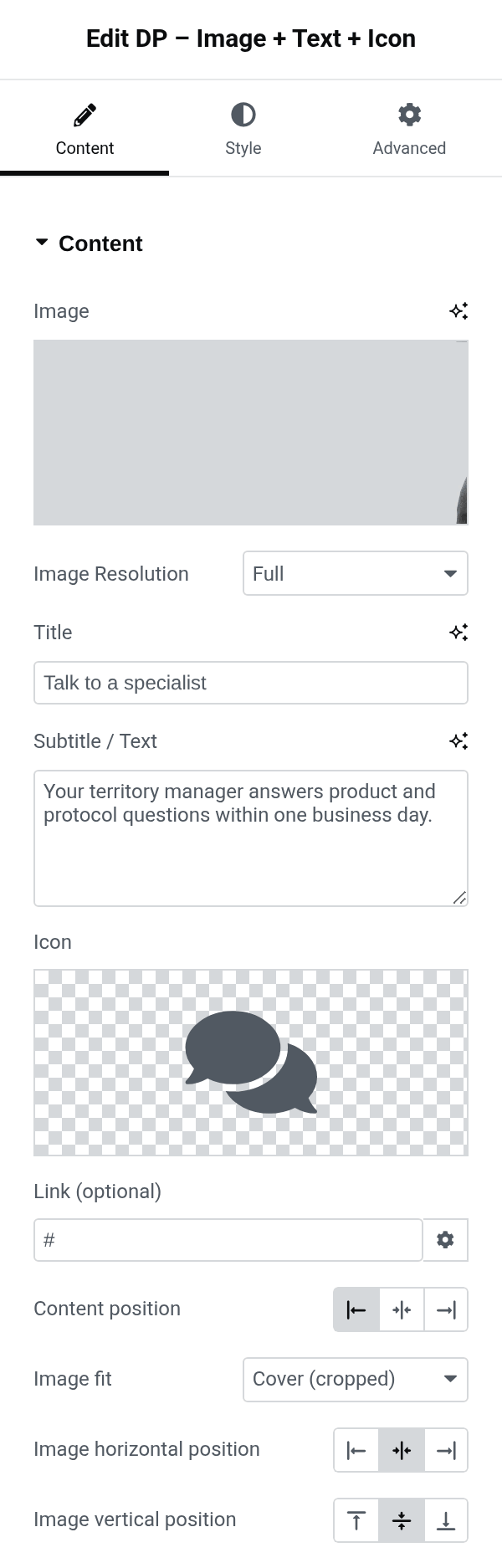 Settings panel of the dp_image_text_icon block