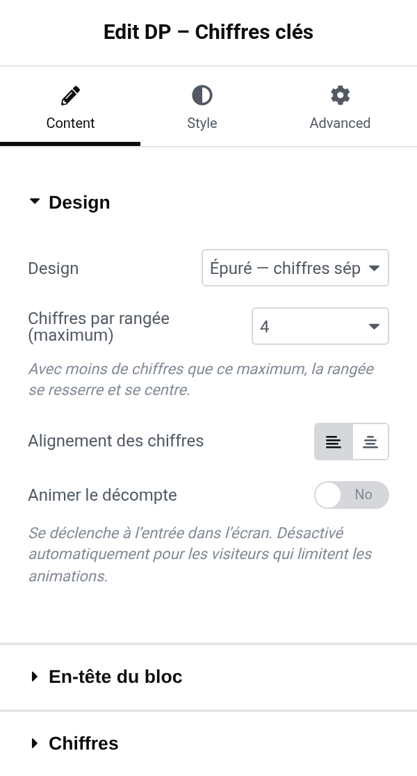 Settings panel of the dp_key_figures block