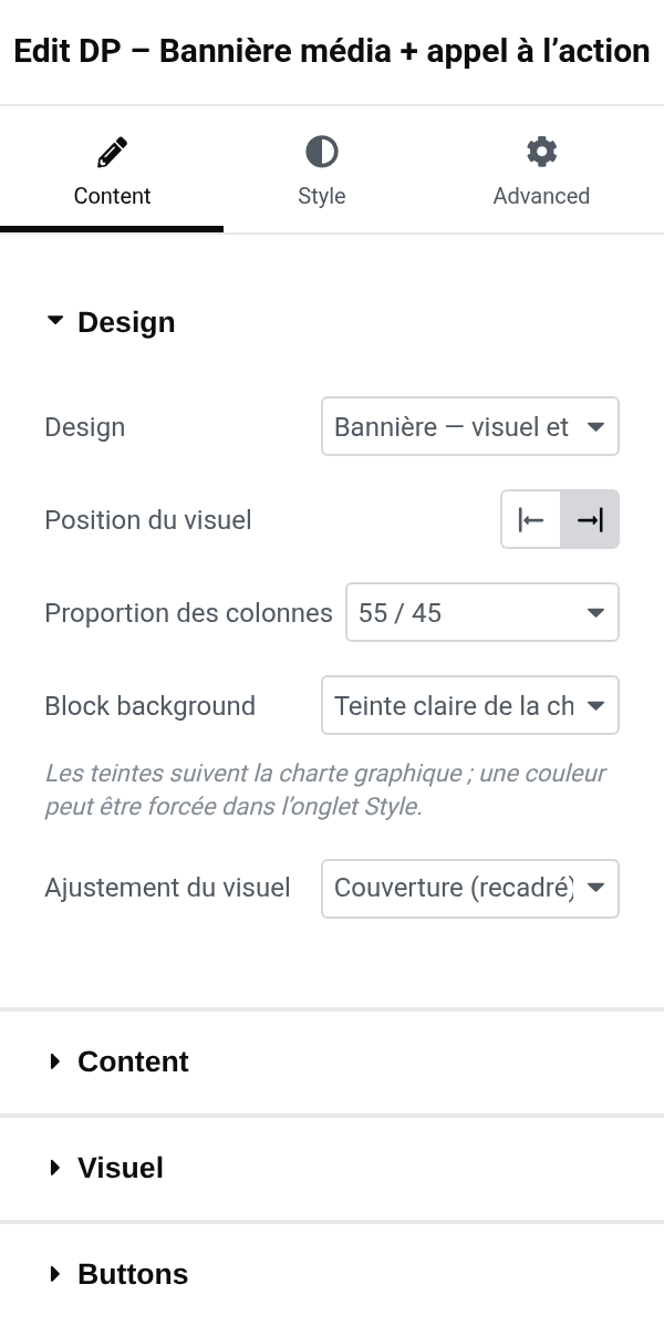 Settings panel of the dp_media_cta block