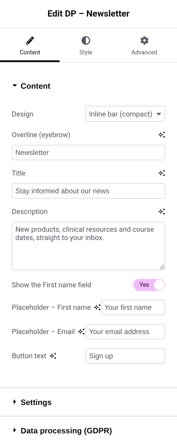 Settings panel of the dp_newsletter block