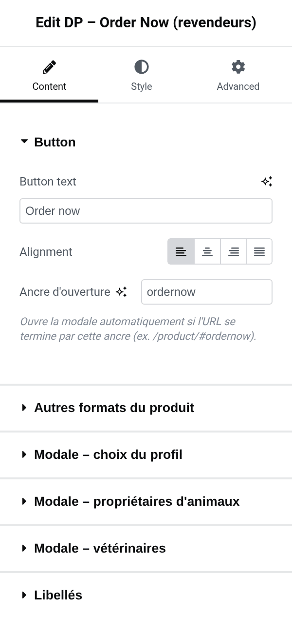 Order Now settings panel
