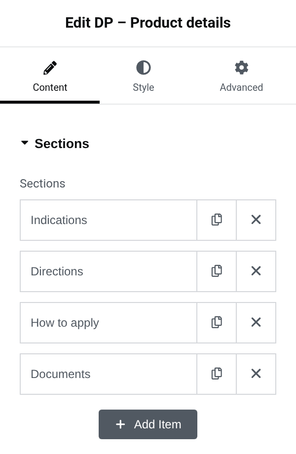 Settings panel of the dp_product_details block