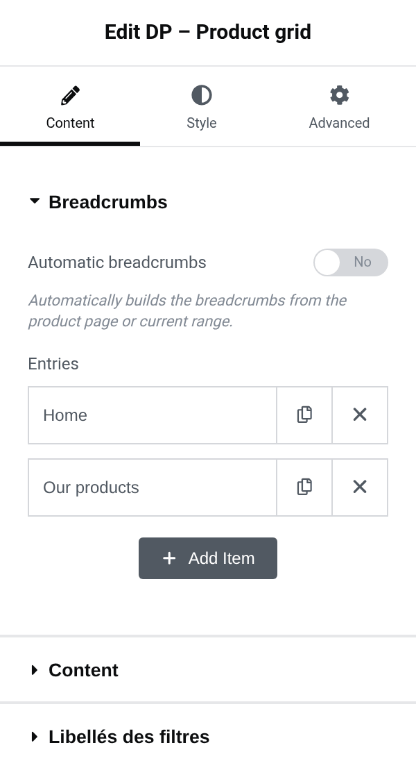 Settings panel of the dp_product_grid block