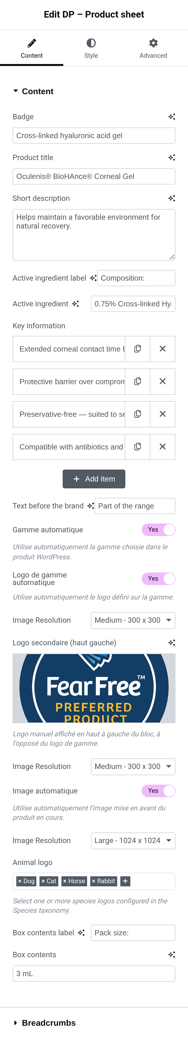 Product sheet settings panel