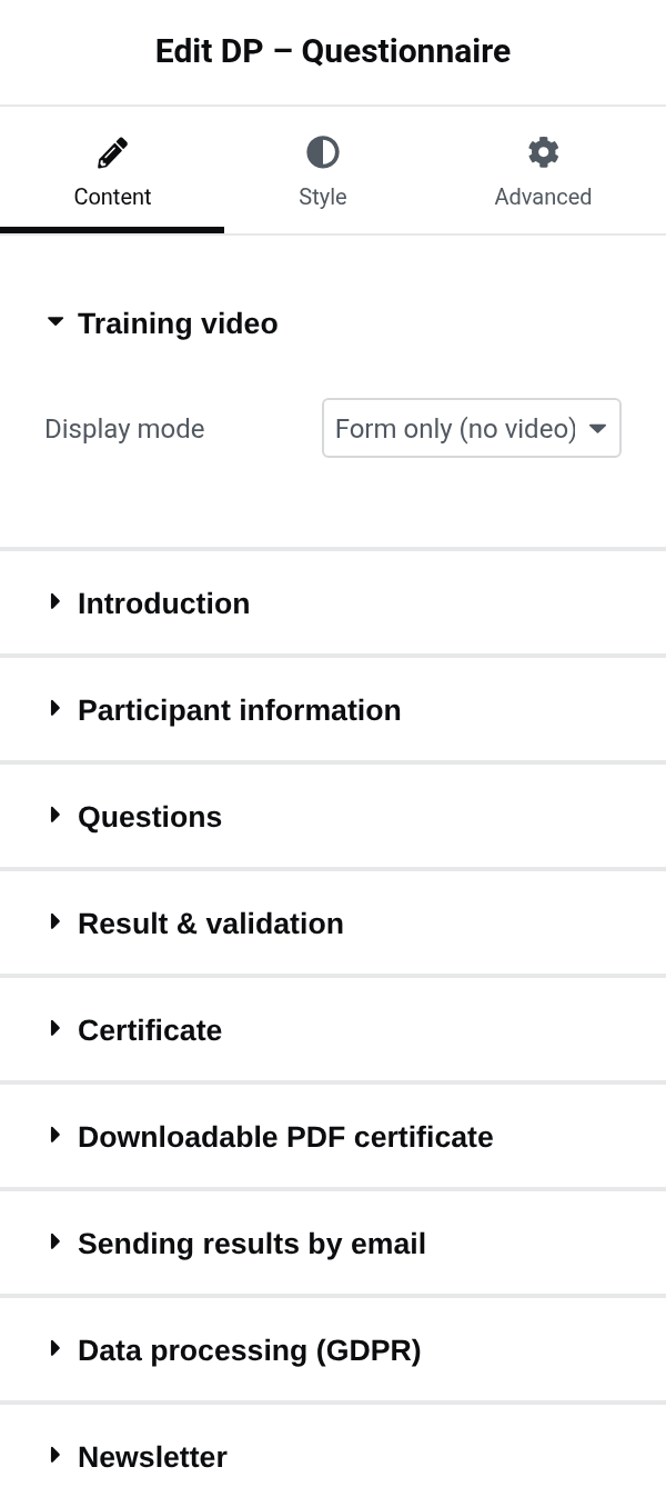 Settings panel of the dp_questionnaire block