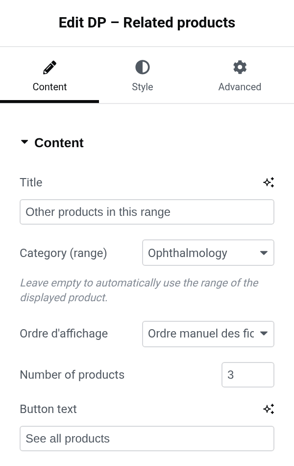 Settings panel of the dp_related_products block