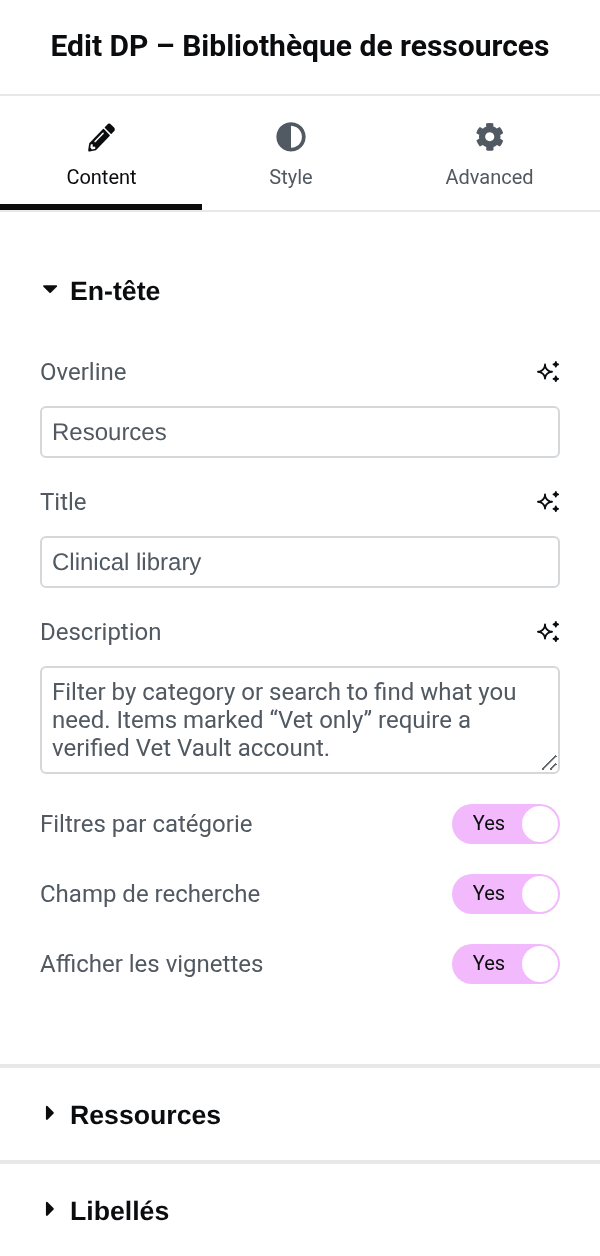 Settings panel of the dp_resource_hub block