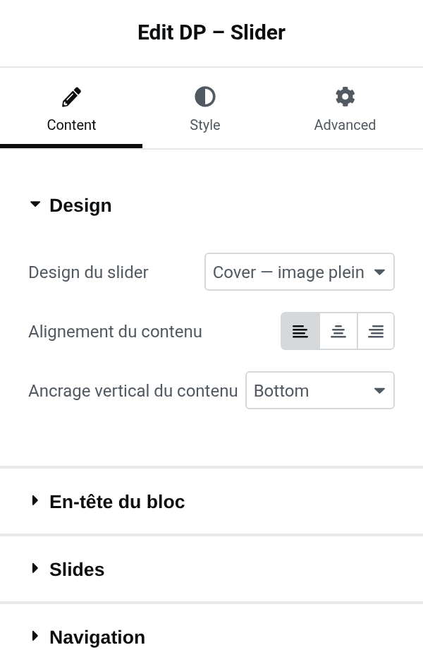 Settings panel of the dp_slider block