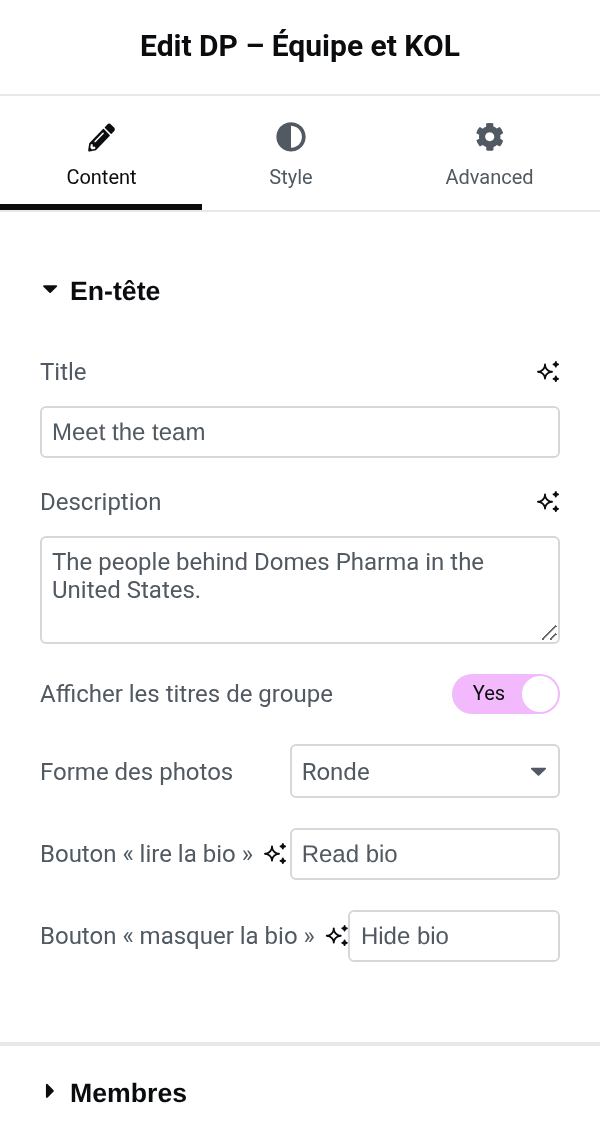 Settings panel of the dp_team block