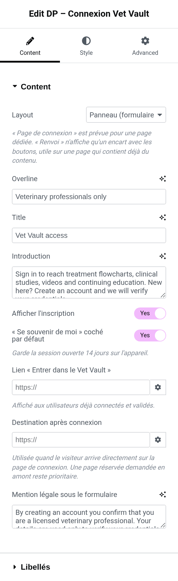 Settings panel of the dp_vet_login block
