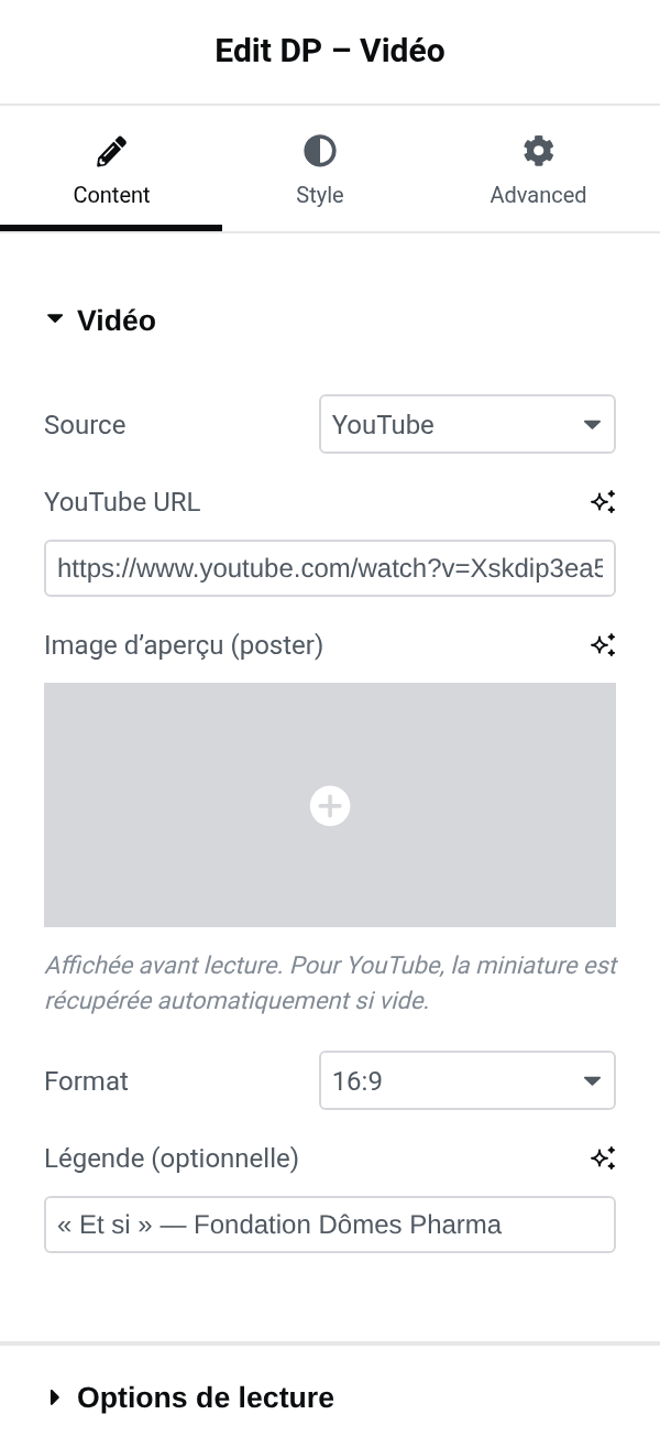 Settings panel of the dp_video block