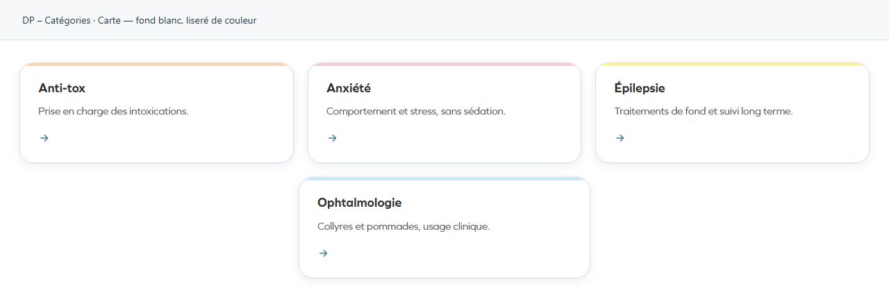 DP – Catégories — Carte — fond blanc, liseré de couleur
