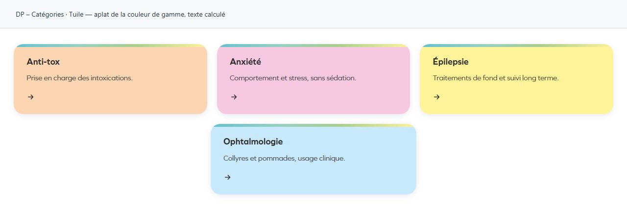 DP – Catégories — Tuile — aplat de la couleur de gamme, texte calculé