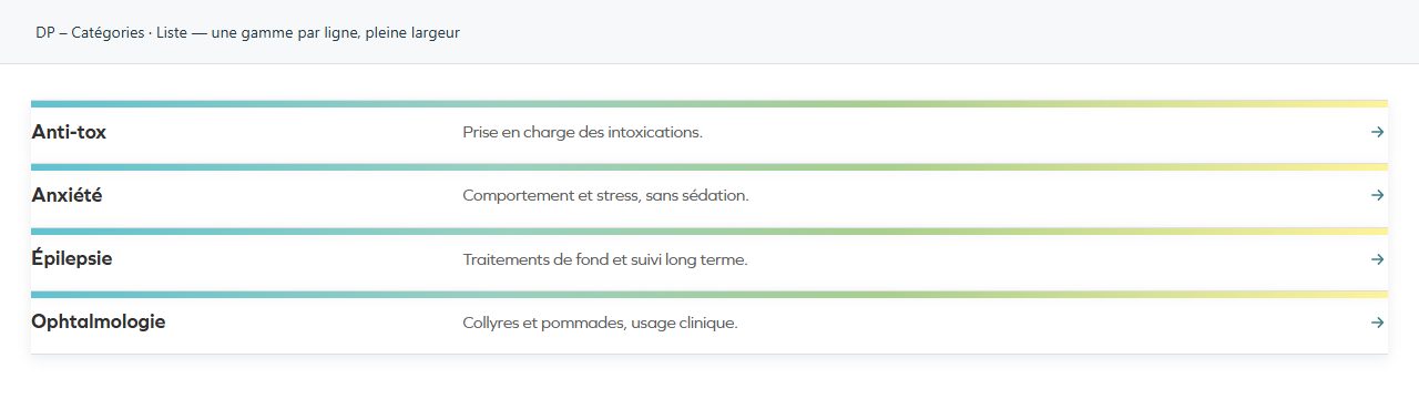 DP – Catégories — Liste — une gamme par ligne, pleine largeur