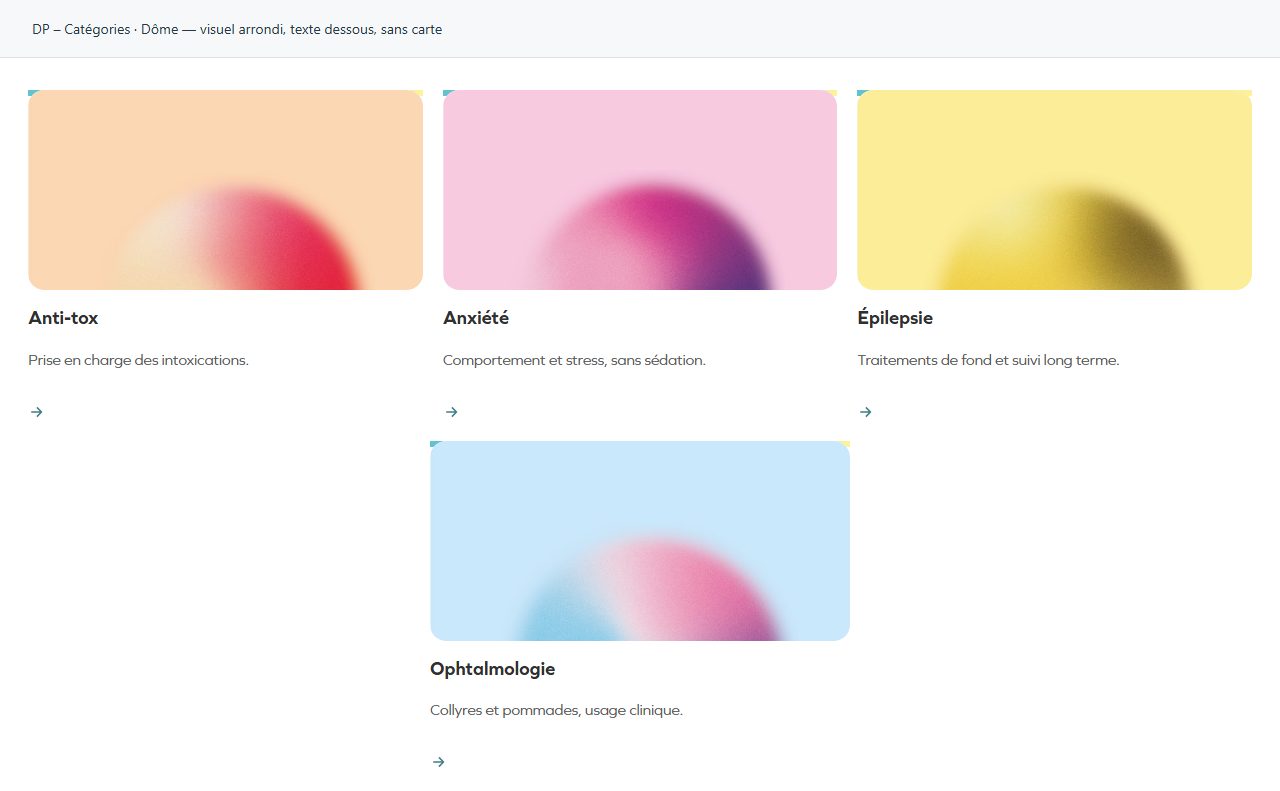 DP – Catégories — Dôme — visuel arrondi, texte dessous, sans carte