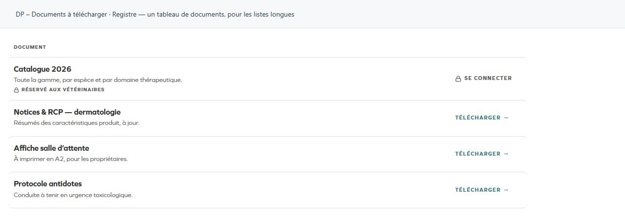 DP – Documents à télécharger — Registre — un tableau de documents, pour les listes longues